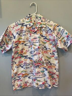 White Short-Sleeve authentic Japanese tropical  Shirt - Multicolor Floral Wave